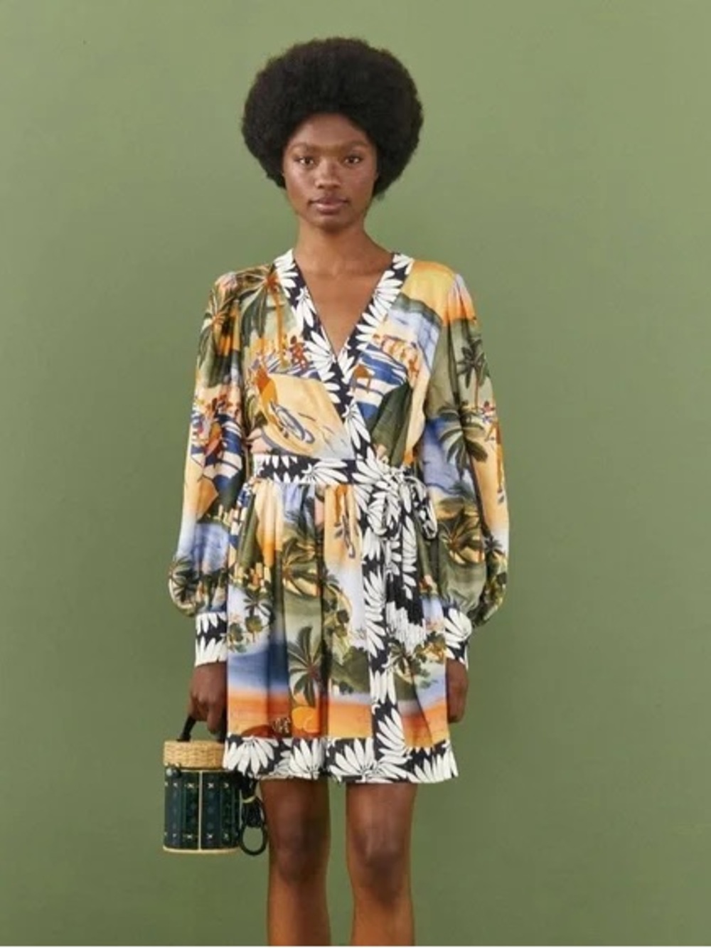 FARM Rio Sunset Palm Wrap Mini Dress in Green, Yellow, Blue